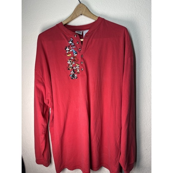 Disney Store Women's XXL Red Henley Long Sleeve Shirt Mickey‎ Embroidery *RARE* - Picture 2 of 9